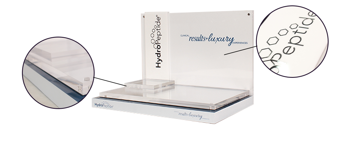 輕奢透明和白色亞克力化妝品桌面展示架，帶鏡子 定制展架